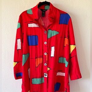 Ali Miles Red Colorful Abstract Squares Artsy Boho Button Down Blouse Top Medium
